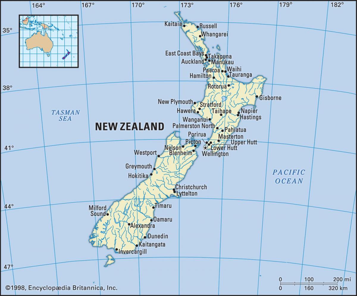Карта Новой Зеландии с основными городами